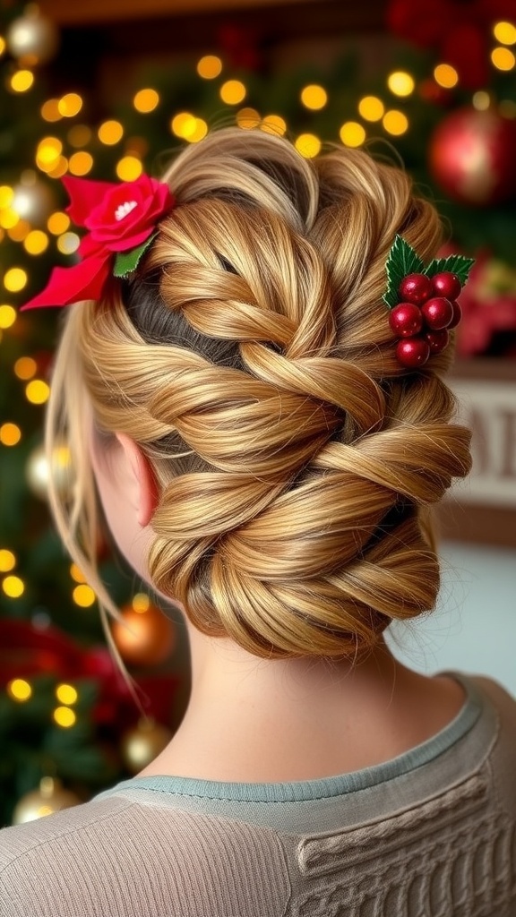 Elegant updo hairstyle for Christmas with festive accessories in a cozy holiday setting.